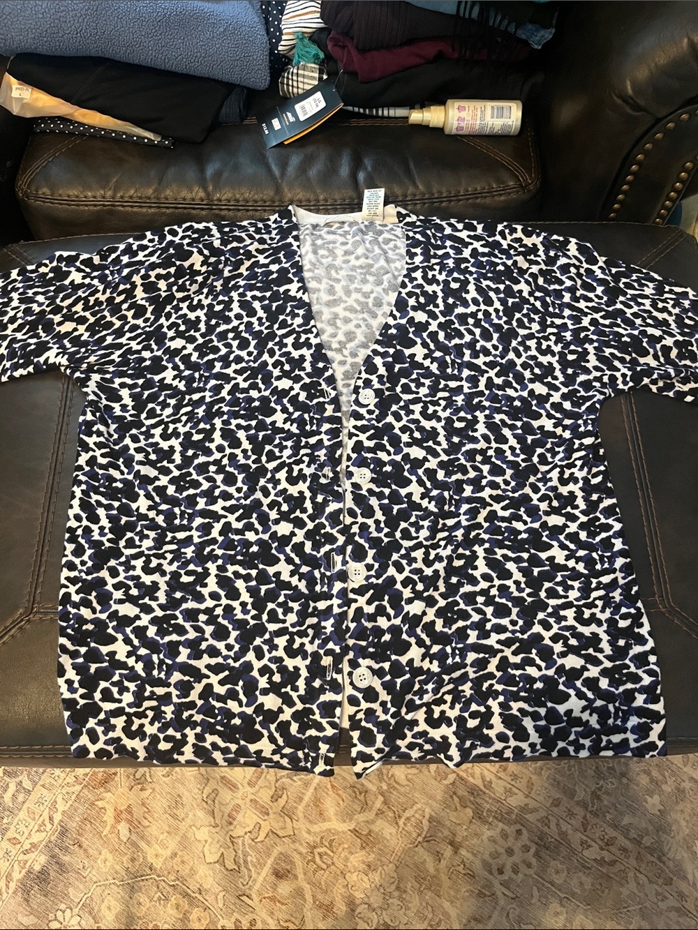 Laura Ashley Navy and White Leopard Print Button-Front Cardigan